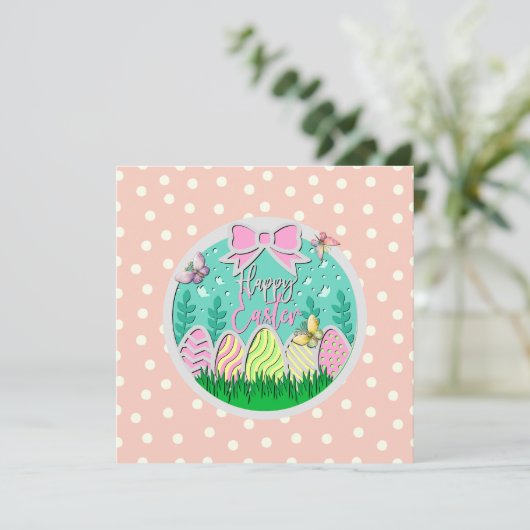 Niedliche Ostereierjagd und farbenfrohe Schmetterl (Stehend Vorderseite)