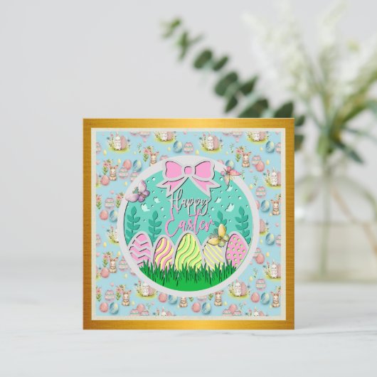 Niedliche Ostereierjagd und farbenfrohe Schmetterl Einladung (Stehend Vorderseite)