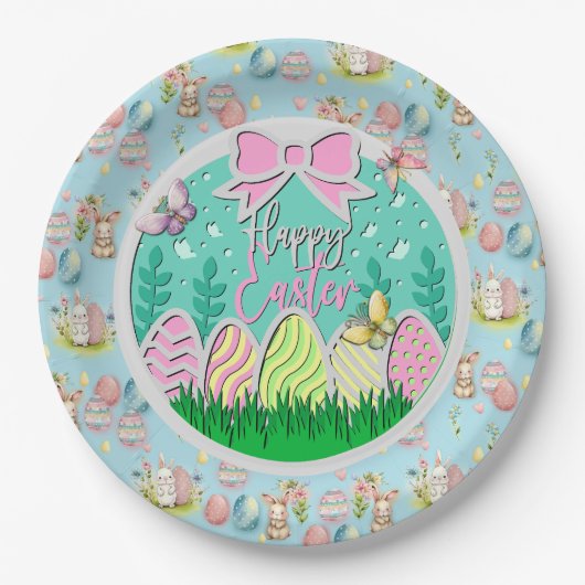 Niedliche Ostereierjagd und farbenfrohe Schmetterl Pappteller (Vorderseite)