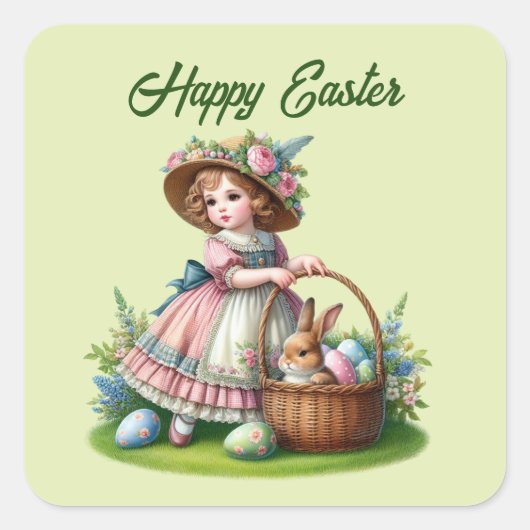 Niedliche Osterfrau fügt Text hinzu Quadratischer Aufkleber (Vorderseite)