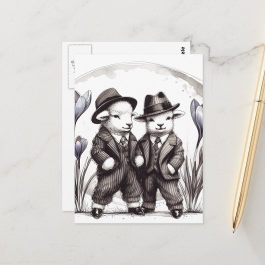 Niedliche Osterhämmer im Anzug Postkarte (Vorderseite/Rückseite Beispiel)
