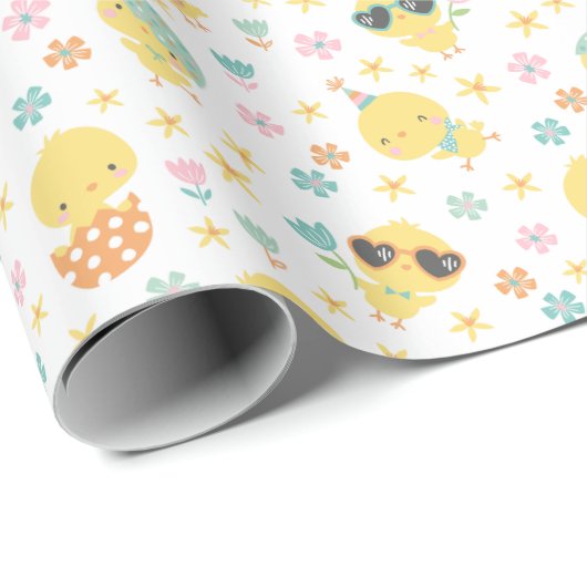 Niedliche Osterküken mit Blume und Eiern Geschenkpapier (Rolleneckpunkt)