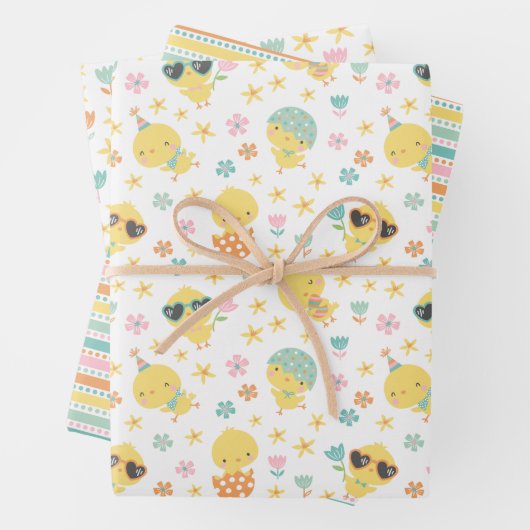 Niedliche Osterküken mit Blume und Eiern Geschenkpapier Set (Beispiel)