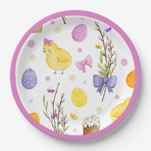 Niedliche Osterküken und Eierpastete Pappteller (Vorderseite)