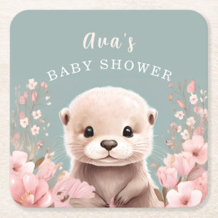 Niedliche Otter Girl Baby Duschkabine & Pink Flora Rechteckiger Pappuntersetzer