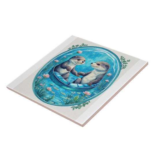 Niedliche Otter mit Händen. Blaue Lilienpolster Fliese (Seite)