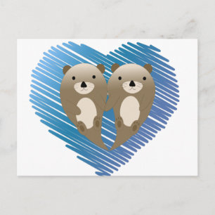 Niedliche Otters mit blauem Herzen im Hintergrund Postkarte