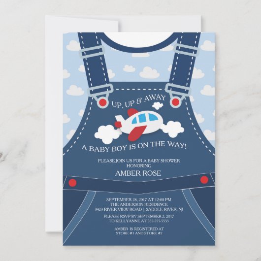 Niedliche Overalls Airplane Babydusche Einladung (Vorderseite)