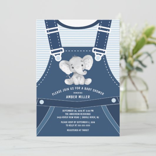 Niedliche Overalls ELEPHANT Kinderdusche Einladung (Stehend Vorderseite)