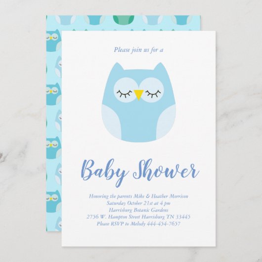 Niedliche Owl Baby Dusche Blue Bird Boy Einladung (Vorne/Hinten)