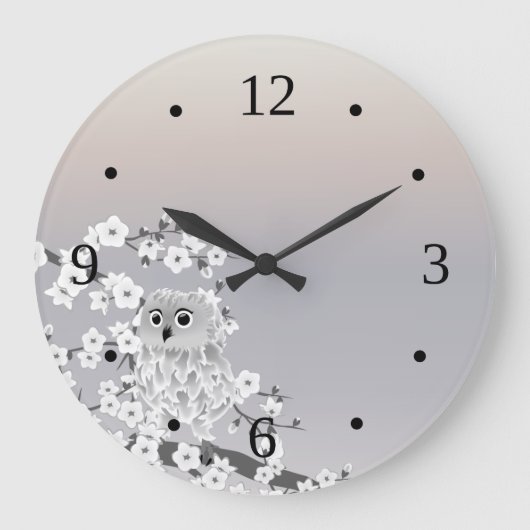 Niedliche Owl Beige Taupennummern Große Wanduhr (Vorderseite)