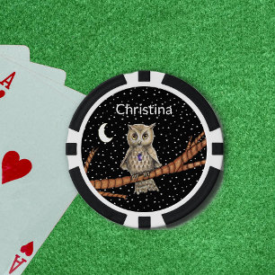 Niedliche Owl Branch Crystal Necklace Moon Stars Pokerchips