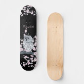 Niedliche Owl Cherry Blossom Pink Black Add Name Skateboard (Vorderseite)