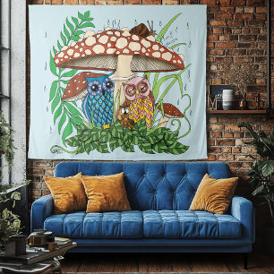 Niedliche Owl Family Mushrooms regnen Wandteppich