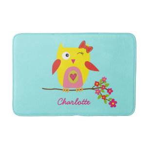 Niedliche Owl Yellow Pink Illustration anpassbar Badematte