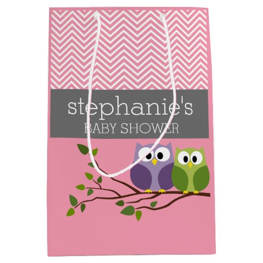 Niedliche Owls auf Zweig Baby Girl Dusche Rosa Mittlere Geschenktüte (Vorderseite)