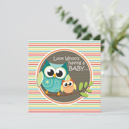 Niedliche Owls Babydusche, Helle Regenbogenstreife Einladung (Stehend Vorderseite)