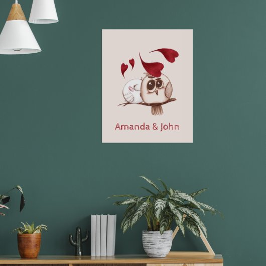 Niedliche Owls Couple Names Personalisiert Poster (Wohnzimmer 1)