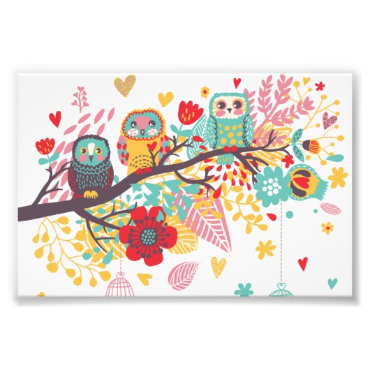 Niedliche Owls farbenfrohe blumenreiche Herzen Hin Fotodruck (Vorne)