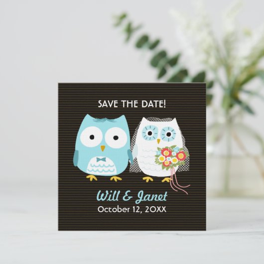Niedliche Owls Hochzeit Braut und Bräutigam Save t Save The Date (Stehend Vorderseite)