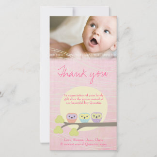 Niedliche Owls Pink Baby Vielen Dank Fotokarte Dankeskarte