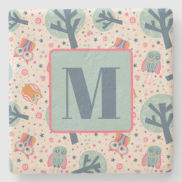 Niedliche Owls Trees Muster Fun Custom Initial Steinuntersetzer