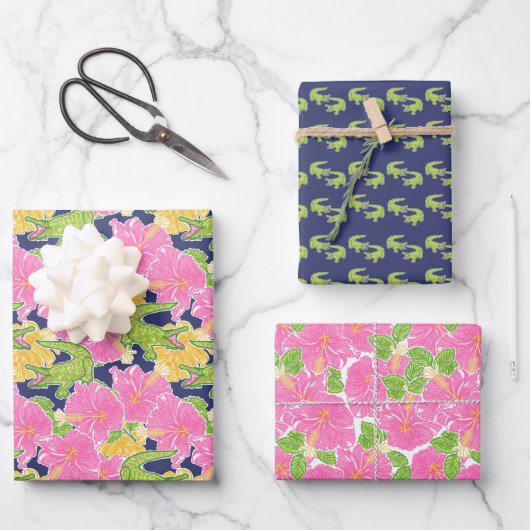 Niedliche Palm Beach Alligatoren Geschenkpapier Set (Vorderseite)