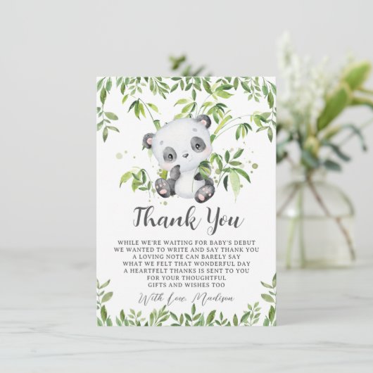 Niedliche Panda Bamboo Greenery Baby Dusche Dankeskarte (Stehend Vorderseite)