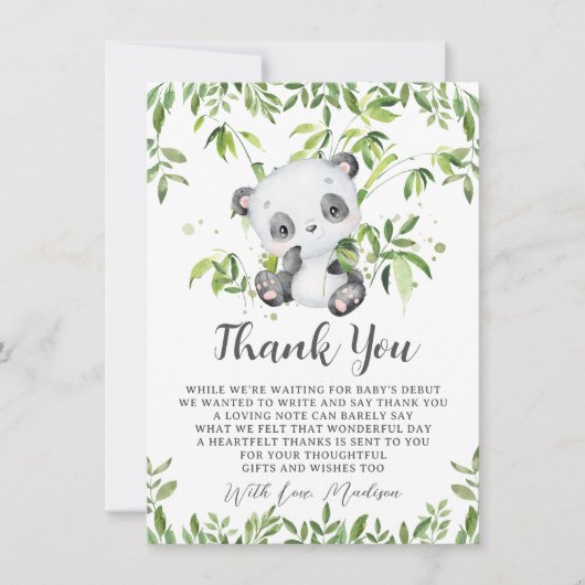 Niedliche Panda Bamboo Greenery Baby Dusche Dankeskarte (Vorderseite)