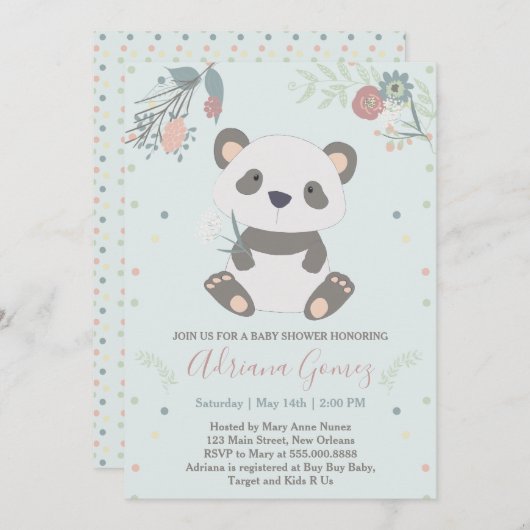 Niedliche Panda Bear Baby Dusche Einladung (Vorne/Hinten)