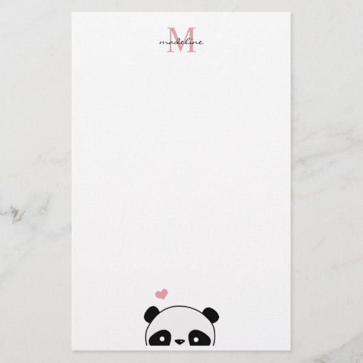 Niedliche Panda Blink Pink Monogram Script Briefpapier (Vorderseite)