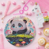 Niedliche Panda Cub in einem Wald von Pilzen Pappteller (Party)