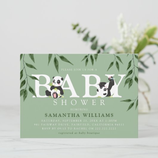 Niedliche Panda & Foliage Neutral Baby Dusche Einladung (Stehend Vorderseite)