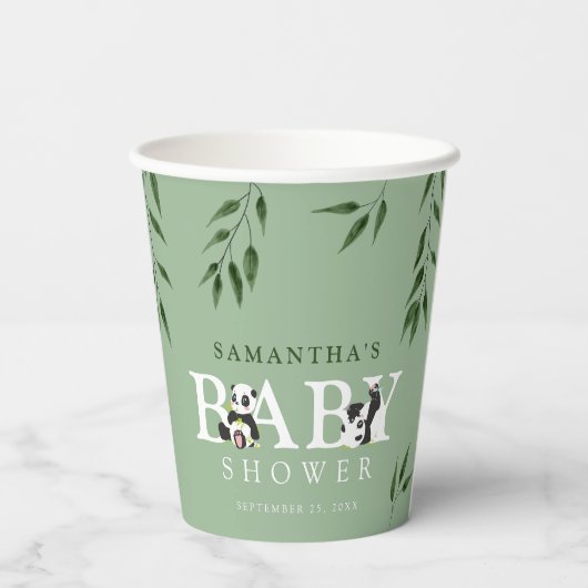 Niedliche Panda & Foliage Neutral Baby Dusche Pappbecher (Rückseite)