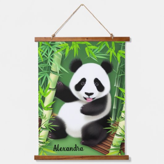 Niedliche Panda in Bamboo-Wald-Hängeländer Wandteppich Mit Holzrahmen (Vorderseite)