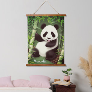 Niedliche Panda in Bamboo-Wald-Hängeländer Wandteppich Mit Holzrahmen
