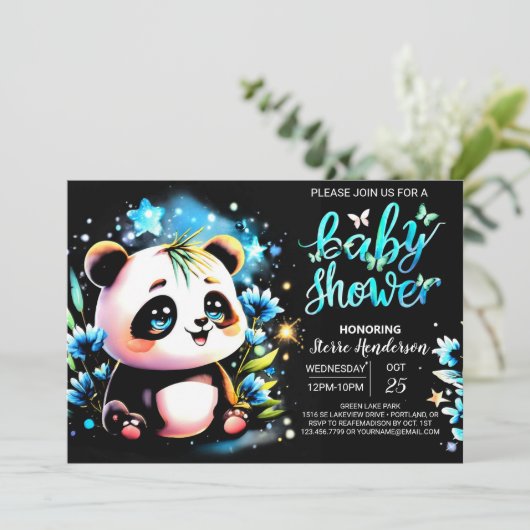 Niedliche Panda Magic Adventure Boy Baby Dusche Einladung (Stehend Vorderseite)