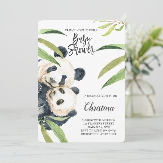 Niedliche Panda Mama & Baby Eucalyptus Baby Dusche Einladung (Stehend Vorderseite)