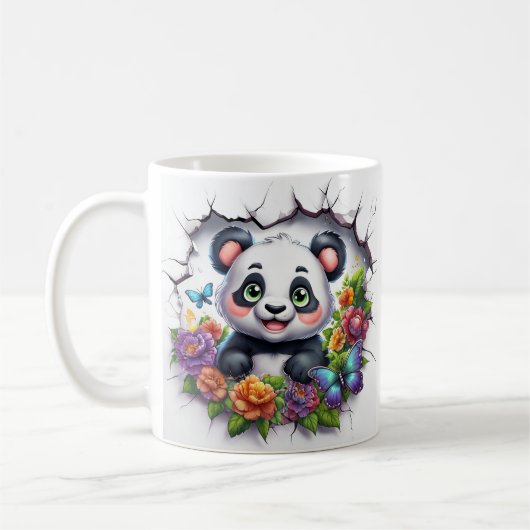 Niedliche Panda taucht fröhlich durch eine knackte Kaffeetasse (Links)