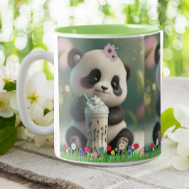 Niedliche Panda trinkt Milchshake Farbige Blume Zweifarbige Tasse