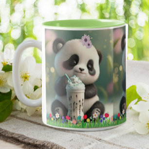 Niedliche Panda trinkt Milchshake Farbige Blume Zweifarbige Tasse