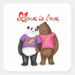 Niedliche Panda- und Braunbärchen-Aufkleber "Liebe Quadratischer Aufkleber