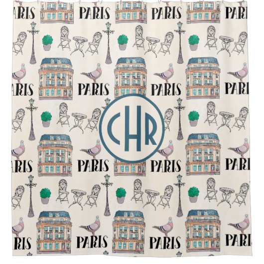 Niedliche Pariser Straße | Aquarellfarbenmonogramm Duschvorhang (Vorderseite)
