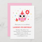 Niedliche Party-Eule mit Ballon und Kuchen Geburts Einladung (Vorne/Hinten)