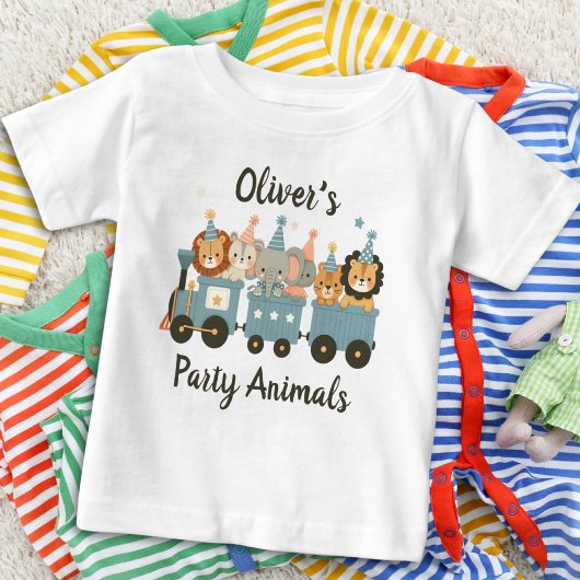 Niedliche Party Tiere im Zug Personalisiert Baby T-shirt