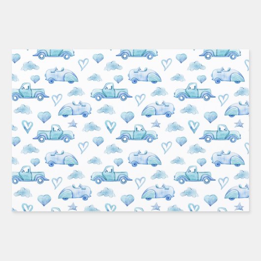 Niedliche Pastel Baby Boy Blue Trucks Wolken Herz Geschenkpapier Set (Vorderseite)