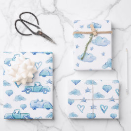 Niedliche Pastel Baby Boy Blue Trucks Wolken Herz Geschenkpapier Set
