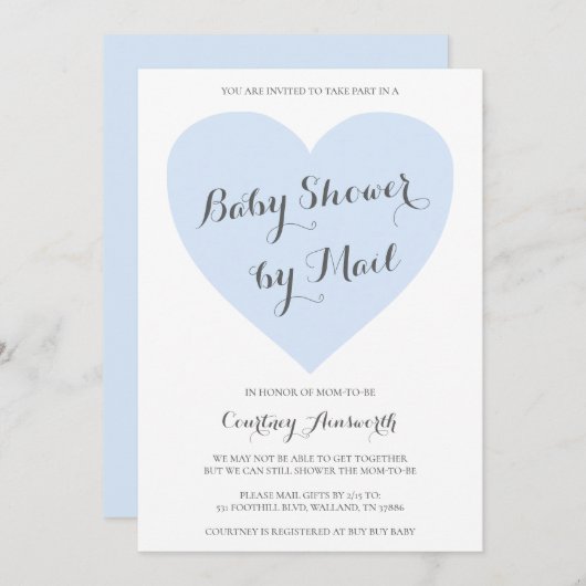 Niedliche Pastel Blue Heart Boy Babydusche per Mai Einladung (Vorne/Hinten)