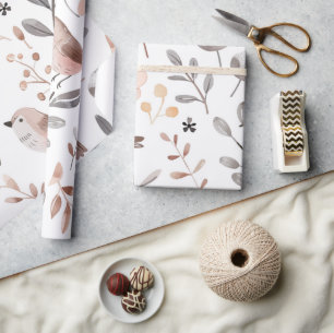 Niedliche Pastel Blush Gray Tan Boho Bird-Blätter Geschenkpapier
