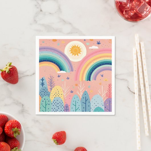 Niedliche Pastel Boho Regenbogen & Sonne Oberwald Serviette (Beispiel)